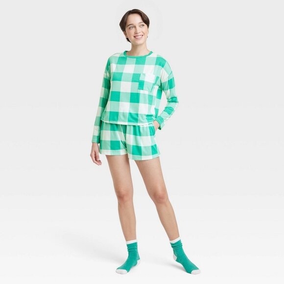 NEW! Women's 3pc Socks and Pajama Set, Green Plaid - Great Gift! - Picture 1 of 6